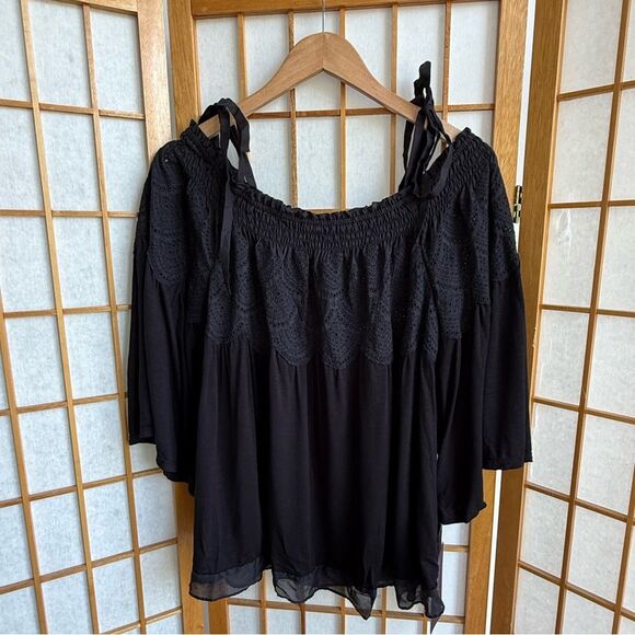 NWT Hale Bob Tinsley Cold Shoulder Lace Tie Shoulder Top in Black | Medium - Picture 1 of 4